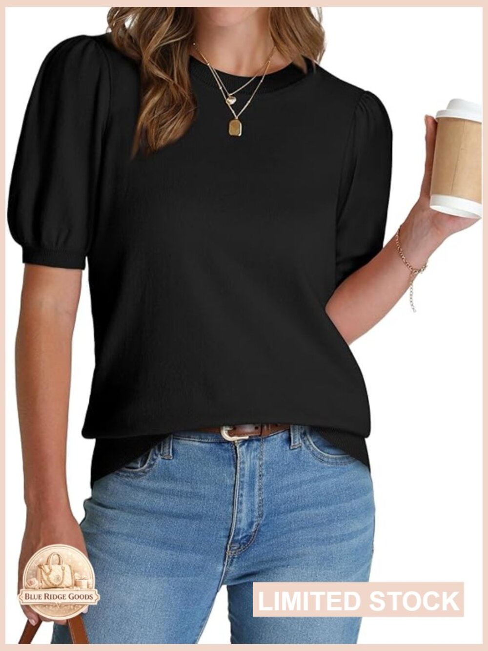 Puff Short Sleeve Sweater Crew Neck Pullover Knit Business Casual Top Blouse